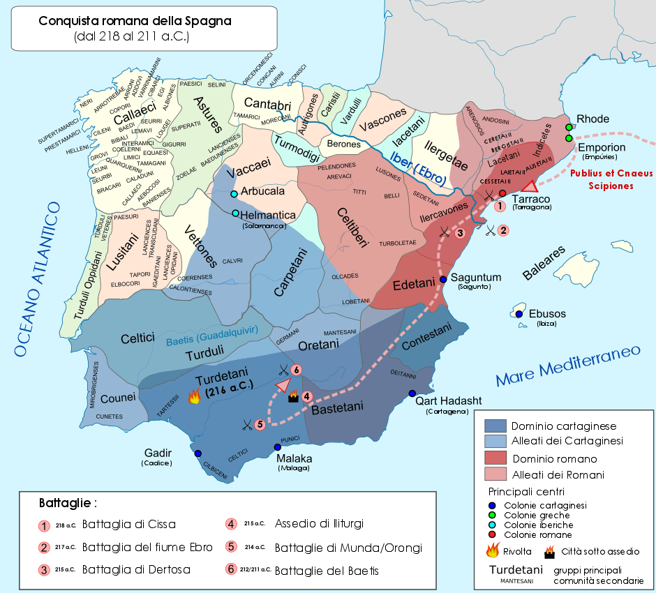 Political map of Spain during the Second Punic War. Years 218 to 211 BCE