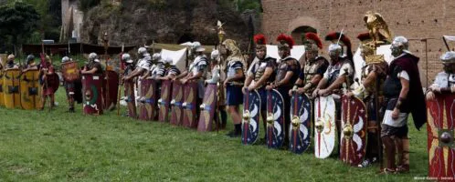 In the photo, a reenactment group of "Roman legionaries" during a historical picnic at the Maxentius Hippodrome in October 2018