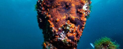 Roman scuplture in algae underwater