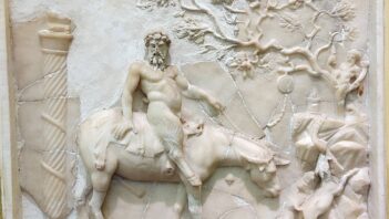 Roman relief showing Pan riding mule