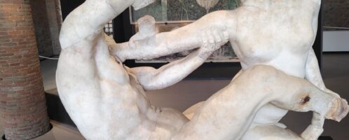 Roman sculpture showing Satyr and hermaphrodite in strange scene