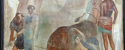 Rzymski fresk ukazujący Dirke przywiązaną do rogów byka