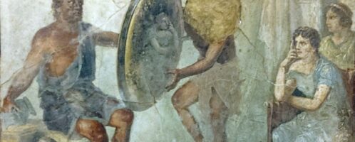 Rzymski fresk ukazujący Hefajstosa wykuwające złotą broń dla Achillesa