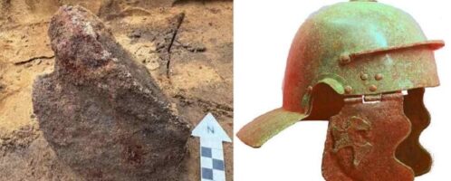 On the left, an discovered Roman helmet in Denmark; On the right, the same helmet type (Weisenau type), discovered in Germany