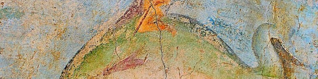 Fragment of Roman fresco depicting man riding dolphin