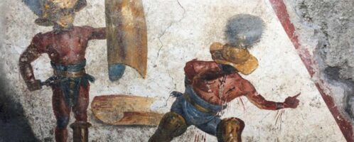 Fragment of Roman fresco depicting fight between two gladiators