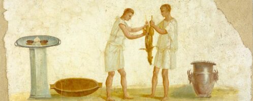 Fragment of Roman fresco depicting preparation of meal
