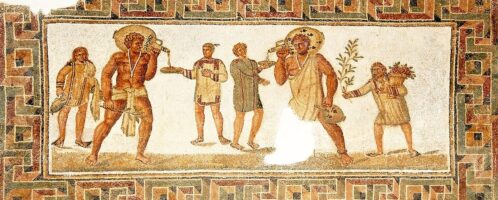 Mozaika podłogowa przedstawiająca niewolników podających jedzenie i picie na uczcie