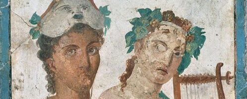 Roman fresco from Pompeii depicting man in theatre mask and woman with wreath