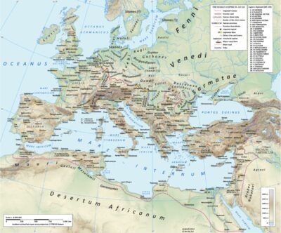 Mapa ukazująca rozmieszczenie legionów w okolicach 125 r. n.e., pod numerem 9 Legion VIII, który w tym samym miejscu obozował także w czasie ataku sił Maternusa 60 lat później