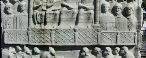 An obelisk erected around 390 CE in Constantinople, depicting barbarian envoys presenting gifts to Emperor Theodosius I